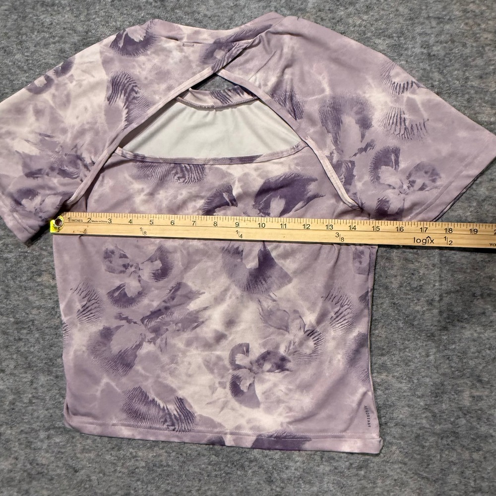 Adidas Floral Open Back Training Tee Womens XS Purple Slim Fit Aeroready Shirt - Picture 6 of 6